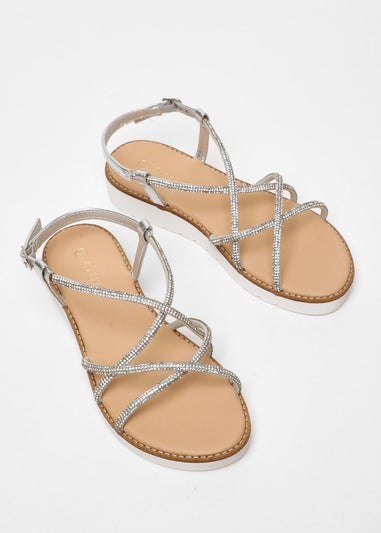 Quiz Silver Diamante Cross Strap Flatform Sandals