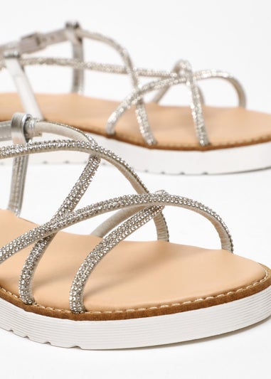 Quiz Silver Diamante Cross Strap Flatform Sandals