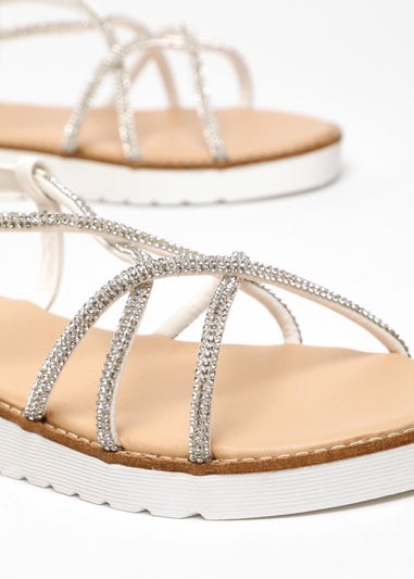 Quiz White Diamante Cross Strap Flatform Sandals