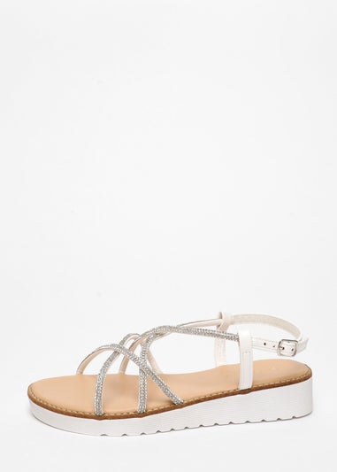 Quiz White Diamante Cross Strap Flatform Sandals