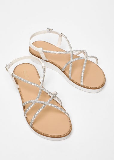 Quiz White Diamante Cross Strap Flatform Sandals