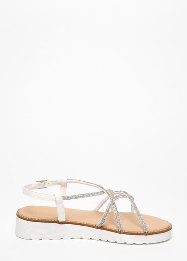 Quiz White Diamante Cross Strap Flatform Sandals