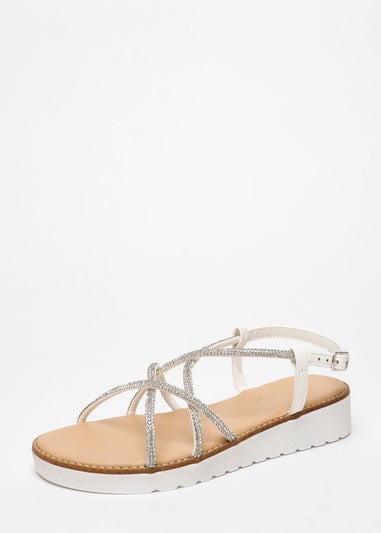 Quiz White Diamante Cross Strap Flatform Sandals