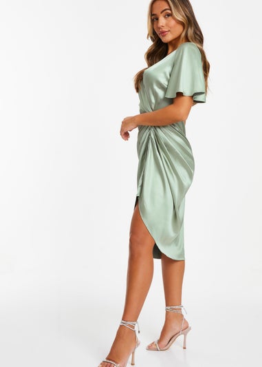 Quiz Green Petite Satin Ruched Wrap Midi Dress
