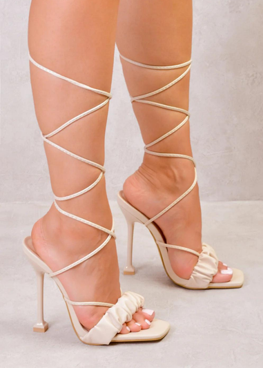 Where's That From Cream Ella Lace Up Ruched Strap Heels