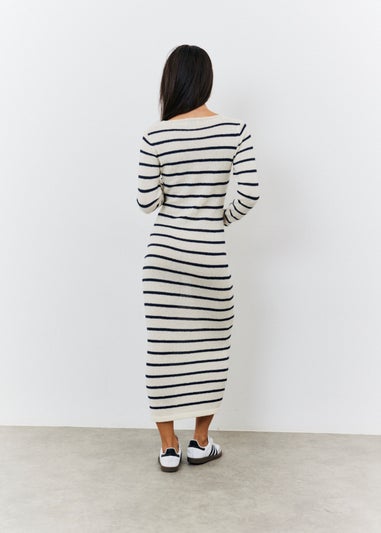 In The Style Cream Stripe Knit V-Neck Midi Dress