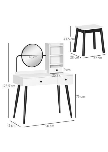 HOMCOM White Dressing Table Set with 3 Drawers (90cm x 45cm x 125.5cm)