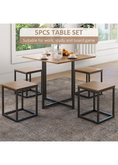 HOMCOM Natural 5 PCS Industrial Boxy Table & Stool Set (80cm x 80cm x 75.5cm)