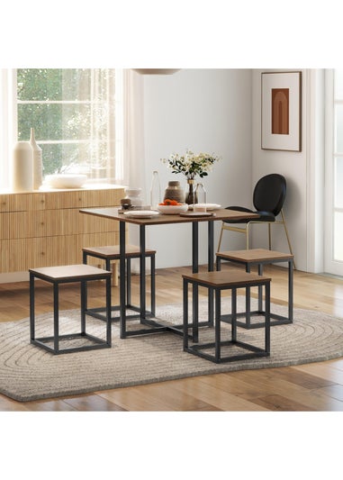 HOMCOM Natural 5 PCS Industrial Boxy Table & Stool Set (80cm x 80cm x 75.5cm)