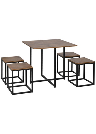 HOMCOM Natural 5 PCS Industrial Boxy Table & Stool Set (80cm x 80cm x 75.5cm)