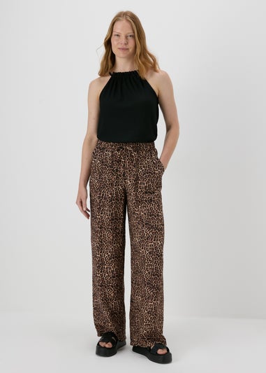 Brown Leopard Print Textured Wide Leg Trousers