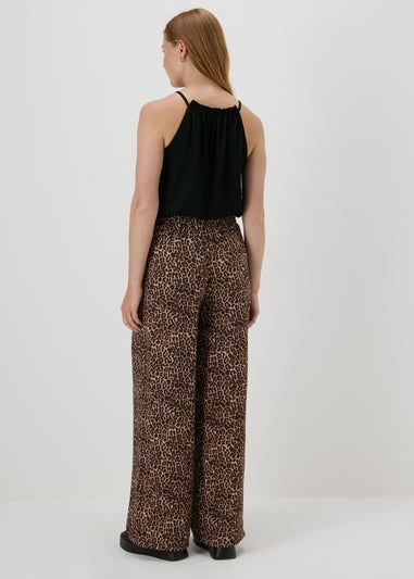 Brown Leopard Print Textured Wide Leg Trousers