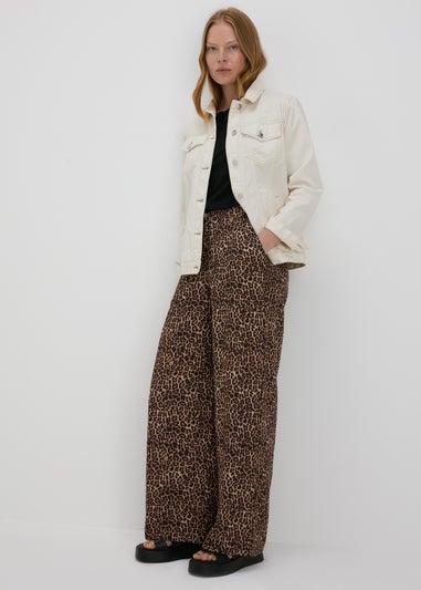 Brown Leopard Print Textured Wide Leg Trousers