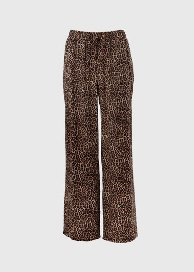 Brown Leopard Print Textured Wide Leg Trousers