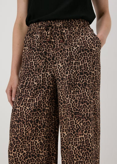 Brown Leopard Print Textured Wide Leg Trousers