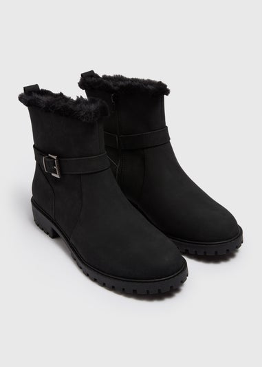 Wide Fit Fur Lined Black Biker Boots