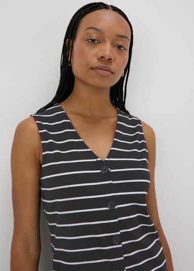 Black Stripe V-Neck Button Co Ord Vest