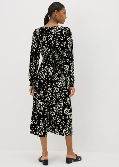 Black Monochrome Floral Midi Dress