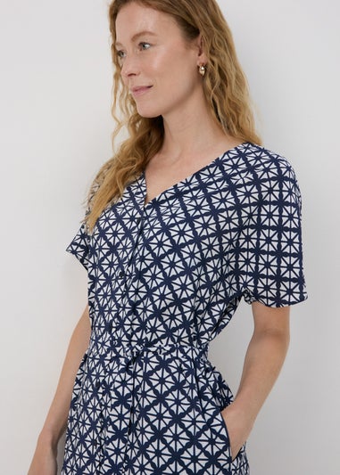 Blue Geometric Print Midi Shirt Dress