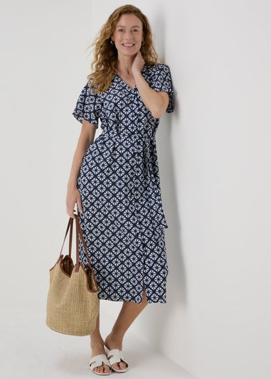 Blue Geometric Print Midi Shirt Dress