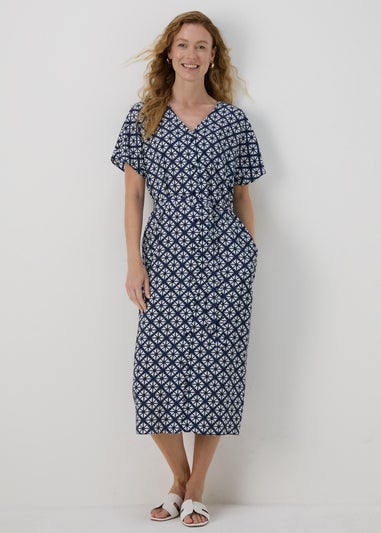 Blue Geometric Print Midi Shirt Dress