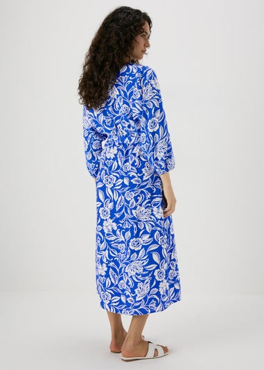 Blue Floral Print Tie Waist Midi Dress