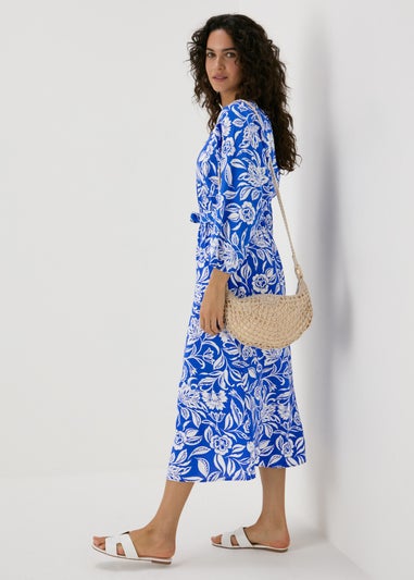 Blue Floral Print Tie Waist Midi Dress