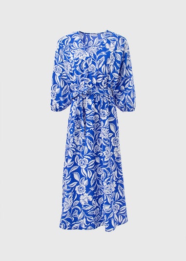 Blue Floral Print Tie Waist Midi Dress