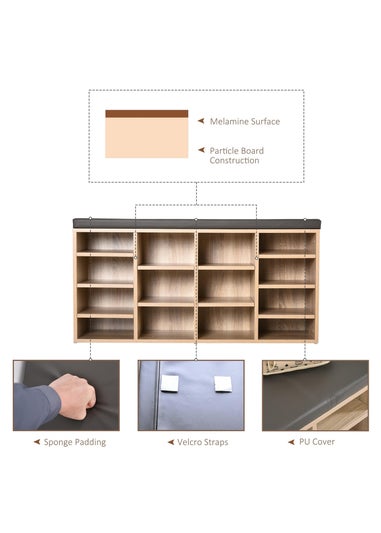HOMCOM Natural Multi-Storage Cushion Shoe Rack 14 Compartments (103.5cm x 30cm x 48cm)