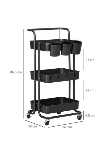 HOMCOM Black 3-Tier Utility Cart (42cm x 38cm x 86.5cm)