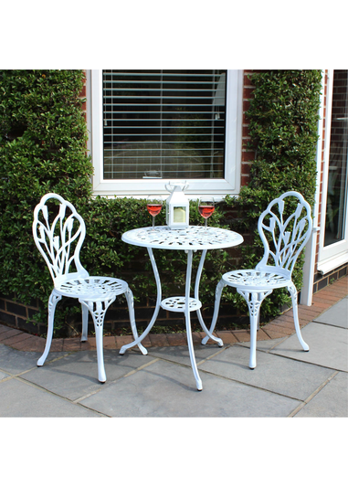 Charles Bentley Tulip Cast Aluminium White Patio Bistro Set Table & 2 Chairs (3 Piece)