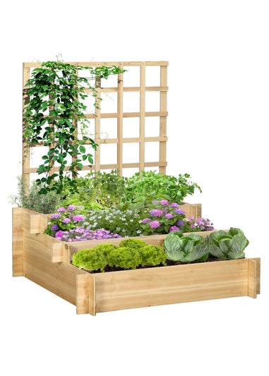 Outsunny Natural 3 Tier Wooden Garden Planters with Trellis