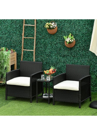 Outsunny Black Outdoor Rattan Sofa with Chairs Table Cushion 3 PC