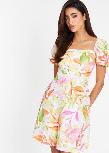 Quiz White Tropical Print Skater Dress