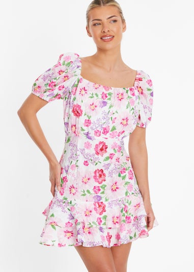Quiz Multi Floral Woven Puff Sleeve Dress
