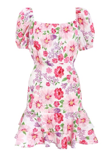 Quiz Multi Floral Woven Puff Sleeve Dress
