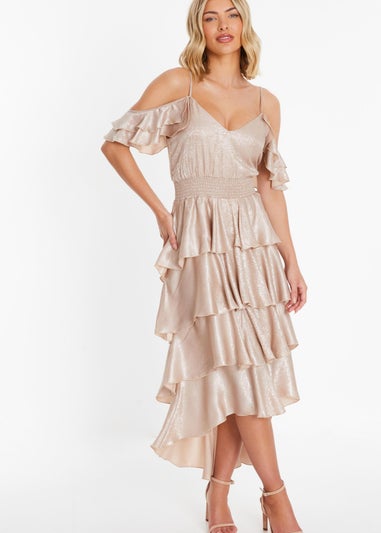 Quiz Champagne Cold Shoulder Tiered Dress