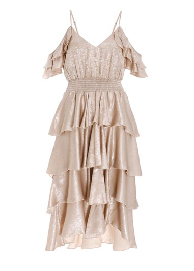 Quiz Champagne Cold Shoulder Tiered Dress