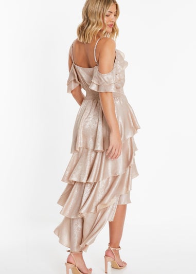 Quiz Champagne Cold Shoulder Tiered Dress