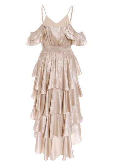 Quiz Champagne Cold Shoulder Tiered Dress