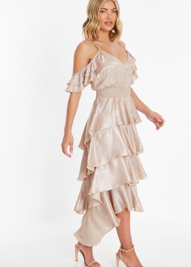 Quiz Champagne Cold Shoulder Tiered Dress