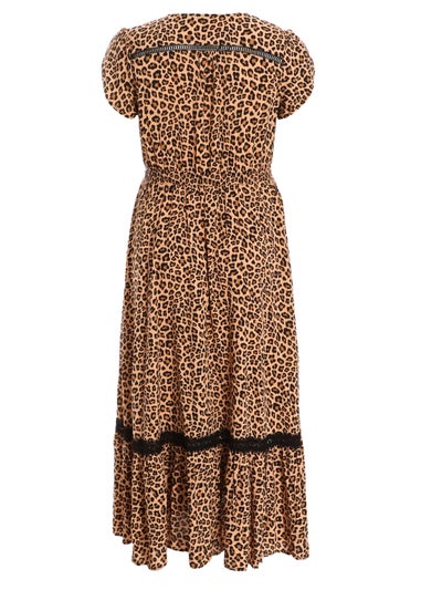 Quiz Brown Curve Leopard Print Crochet Trim Maxi Dress