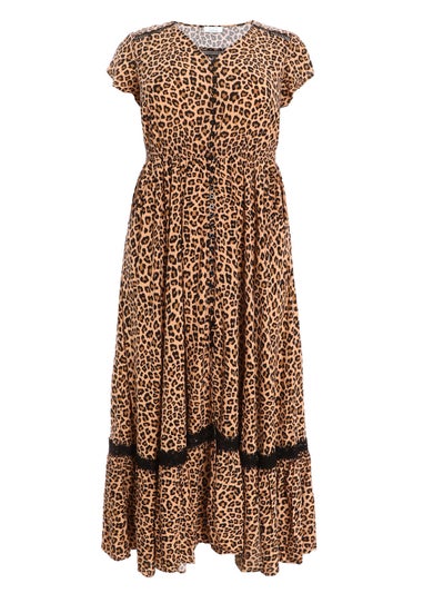 Quiz Brown Curve Leopard Print Crochet Trim Maxi Dress