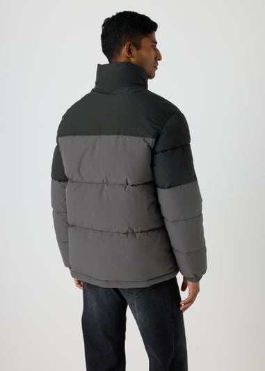 Grey Colour Block Puffa Coat