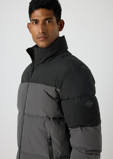 Grey Colour Block Puffa Coat