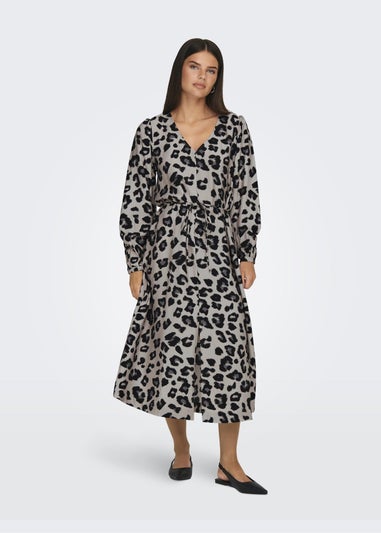 JDY Beige Animal Print Wrap Midi Dress