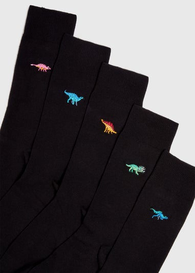 5 Pack Black embroidered Dino Socks