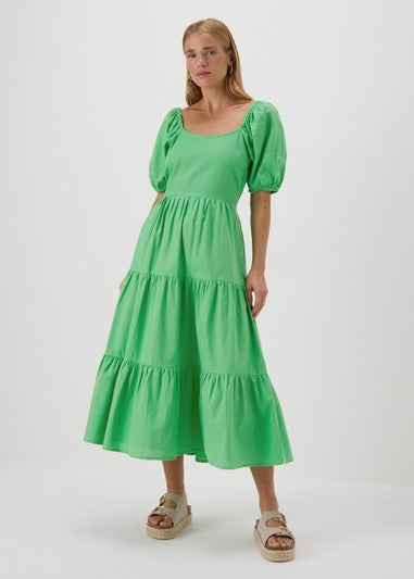 Green Linen  Blend Tiered Dress