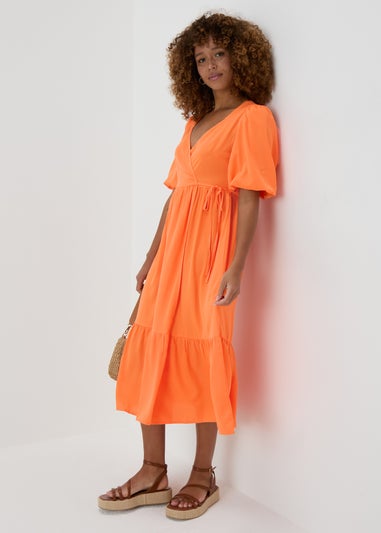 Orange Wrap Smock Midi Dress