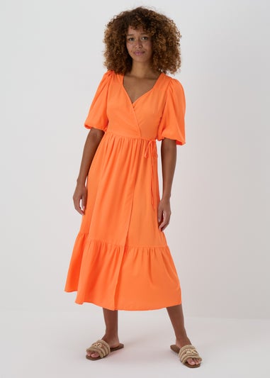 Orange Wrap Smock Midi Dress